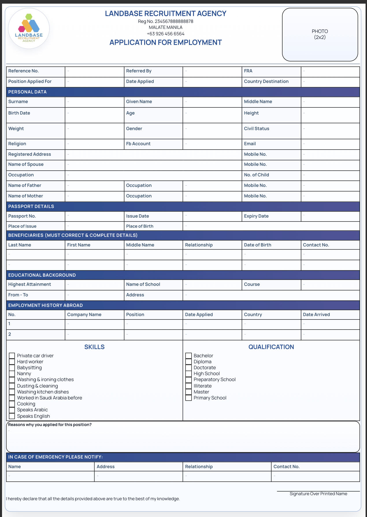 Application form template preview